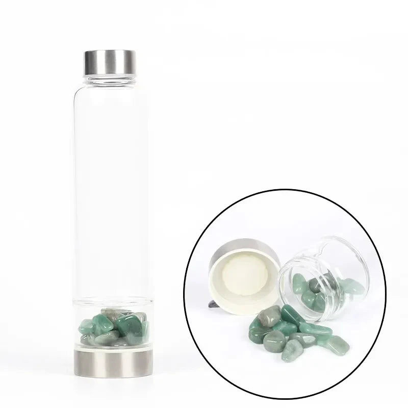 水晶玻璃水瓶，鑲嵌有療癒石