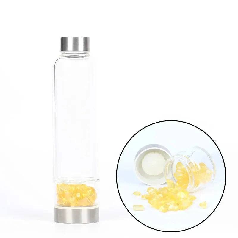 水晶玻璃水瓶，鑲嵌有療癒石