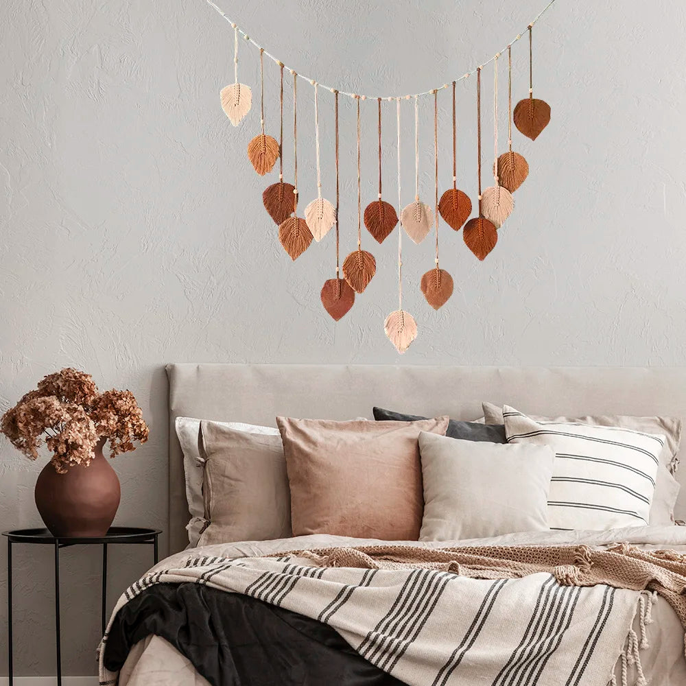 Boho Macrame Leaf and Feather Wall Tapestry