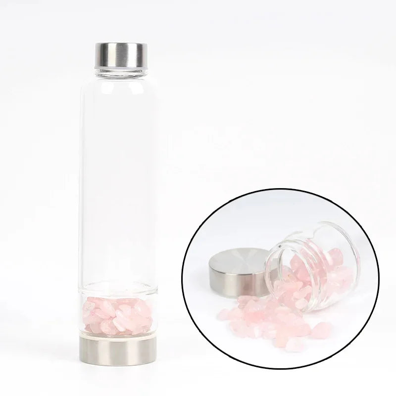 水晶玻璃水瓶，鑲嵌有療癒石