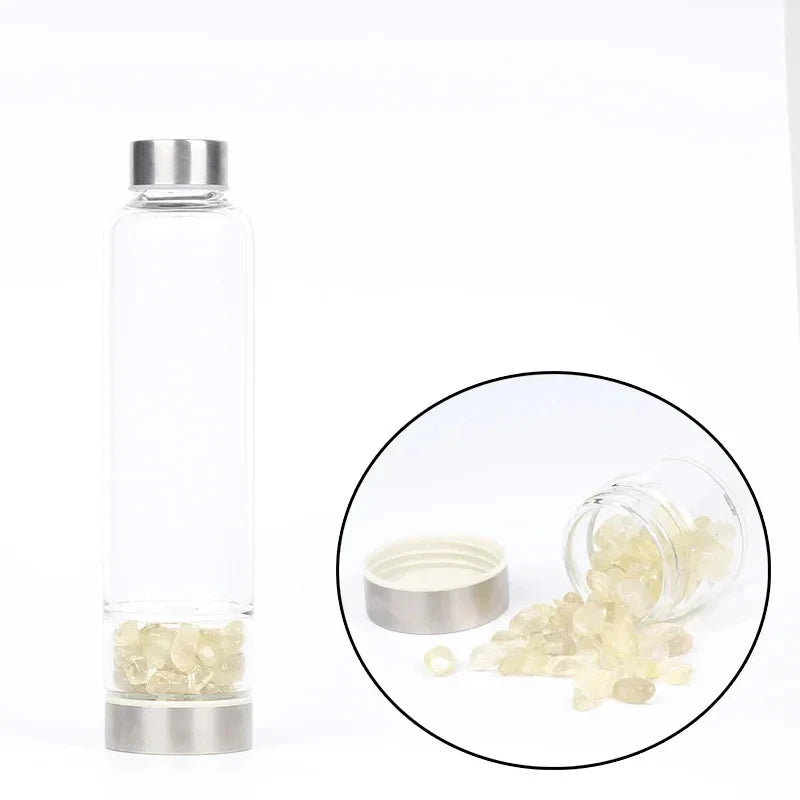 水晶玻璃水瓶，鑲嵌有療癒石