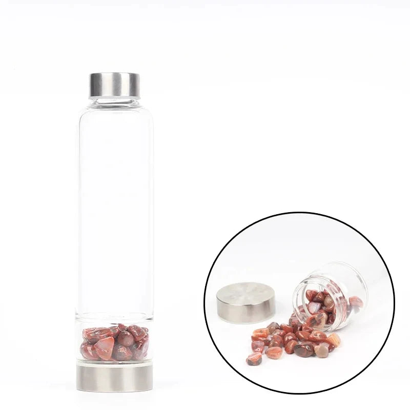 水晶玻璃水瓶，鑲嵌有療癒石