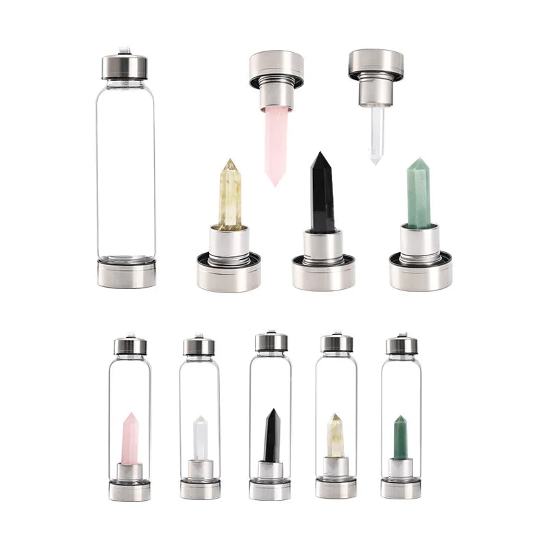 Crystal Infused Glass Water Bottle with Natural Gemstone
