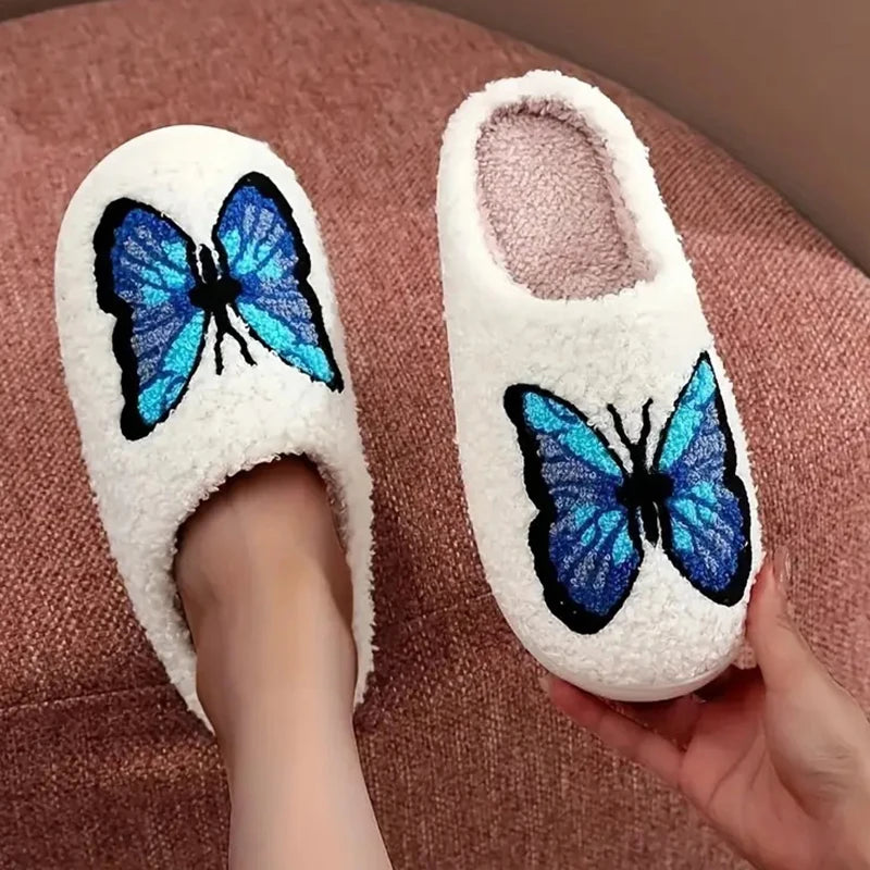 蝴蝶刺繡毛絨拖鞋