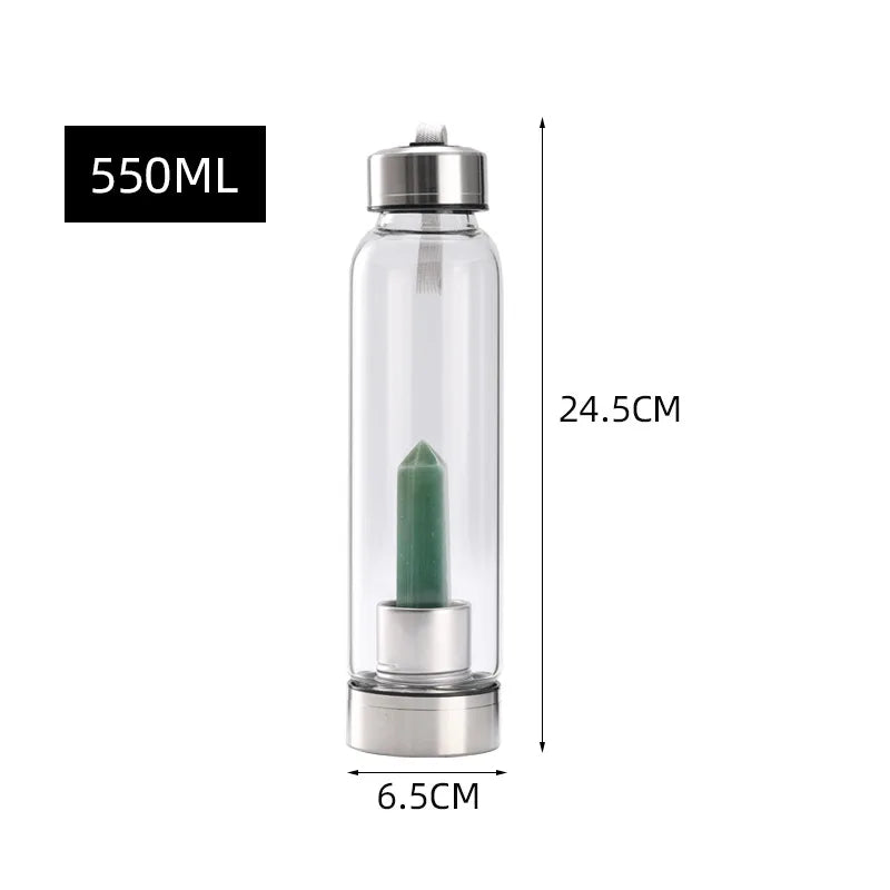 Crystal Infused Glass Water Bottle with Natural Gemstone