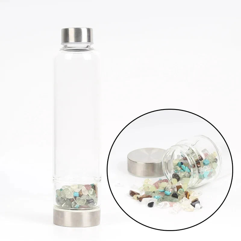 水晶玻璃水瓶，鑲嵌有療癒石