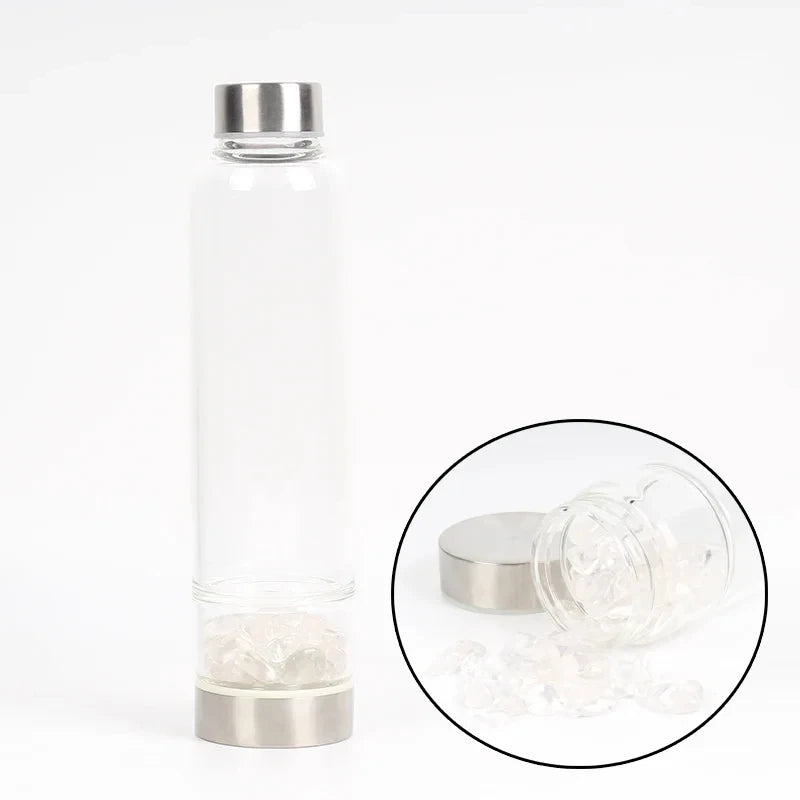 水晶玻璃水瓶，鑲嵌有療癒石