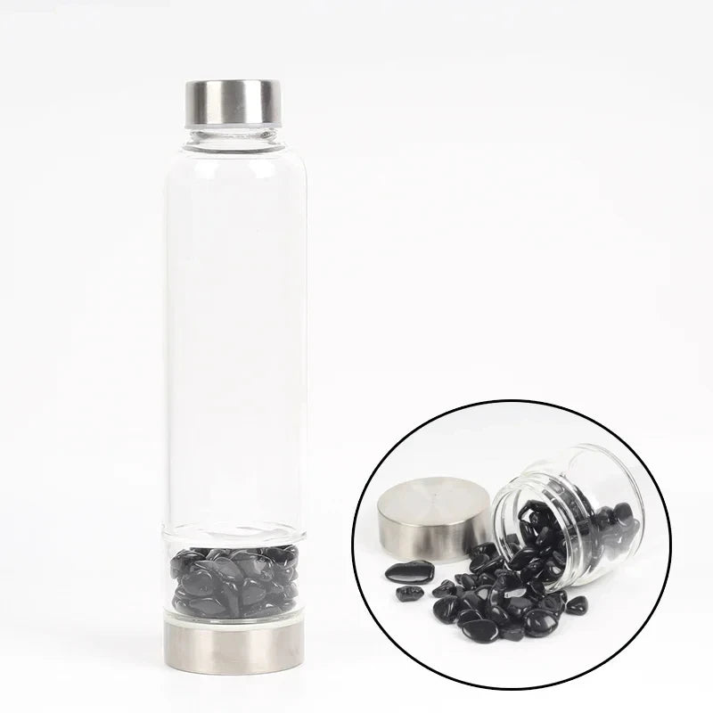 水晶玻璃水瓶，鑲嵌有療癒石