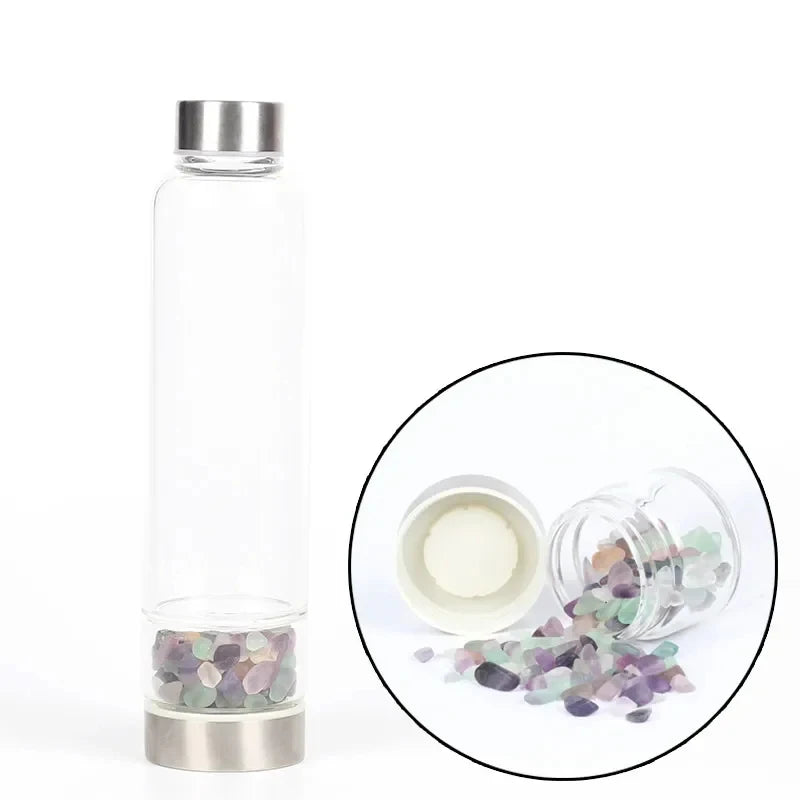 水晶玻璃水瓶，鑲嵌有療癒石